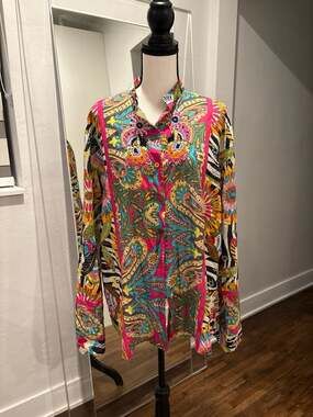 Antica Sartoria Beaded Floral Paisley Cotton Button Down Blouse